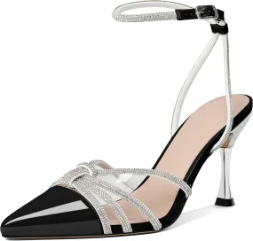 AUMOTED Women's Stiletto High Heel Pumps Ladies Clear Heels Patent Pointed Toe Pumps Crystal Rhinestones Ankle Strap Wedding Bridal Dress Heeled Sandals 3.4 Inch