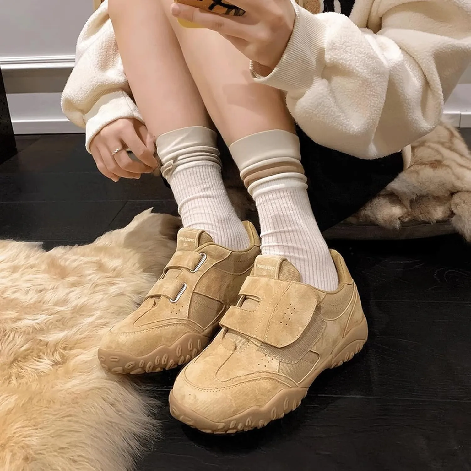 Ballet Sneakers for Woman Leather Trendy Hook and Loop Chunky Ballerina Sneaker Fancy Breathable Ballet Shoes 2025 Spring Summer Daily Casual Walking Footwear