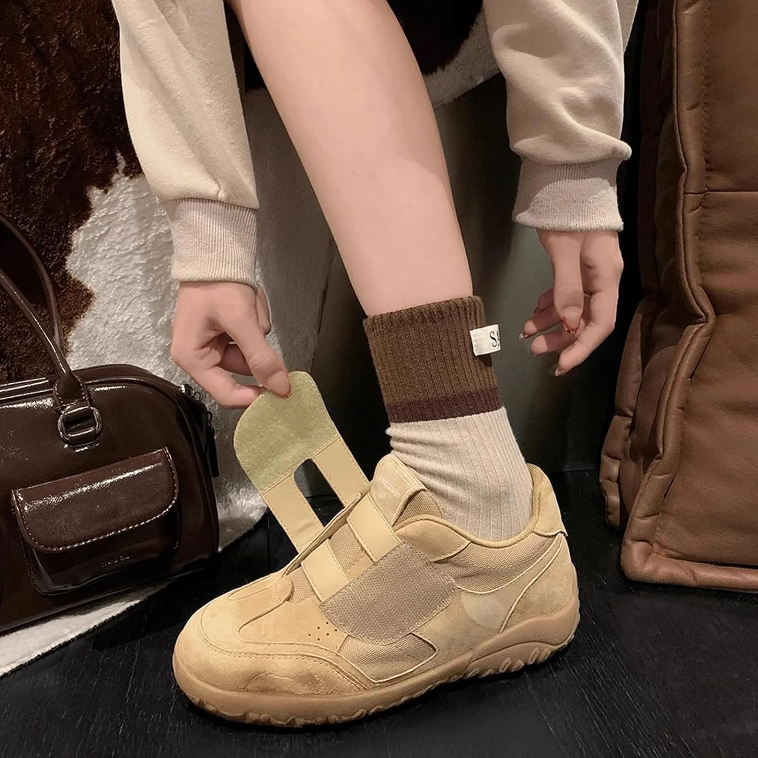 Ballet Sneakers for Woman Leather Trendy Hook and Loop Chunky Ballerina Sneaker Fancy Breathable Ballet Shoes 2025 Spring Summer Daily Casual Walking Footwear