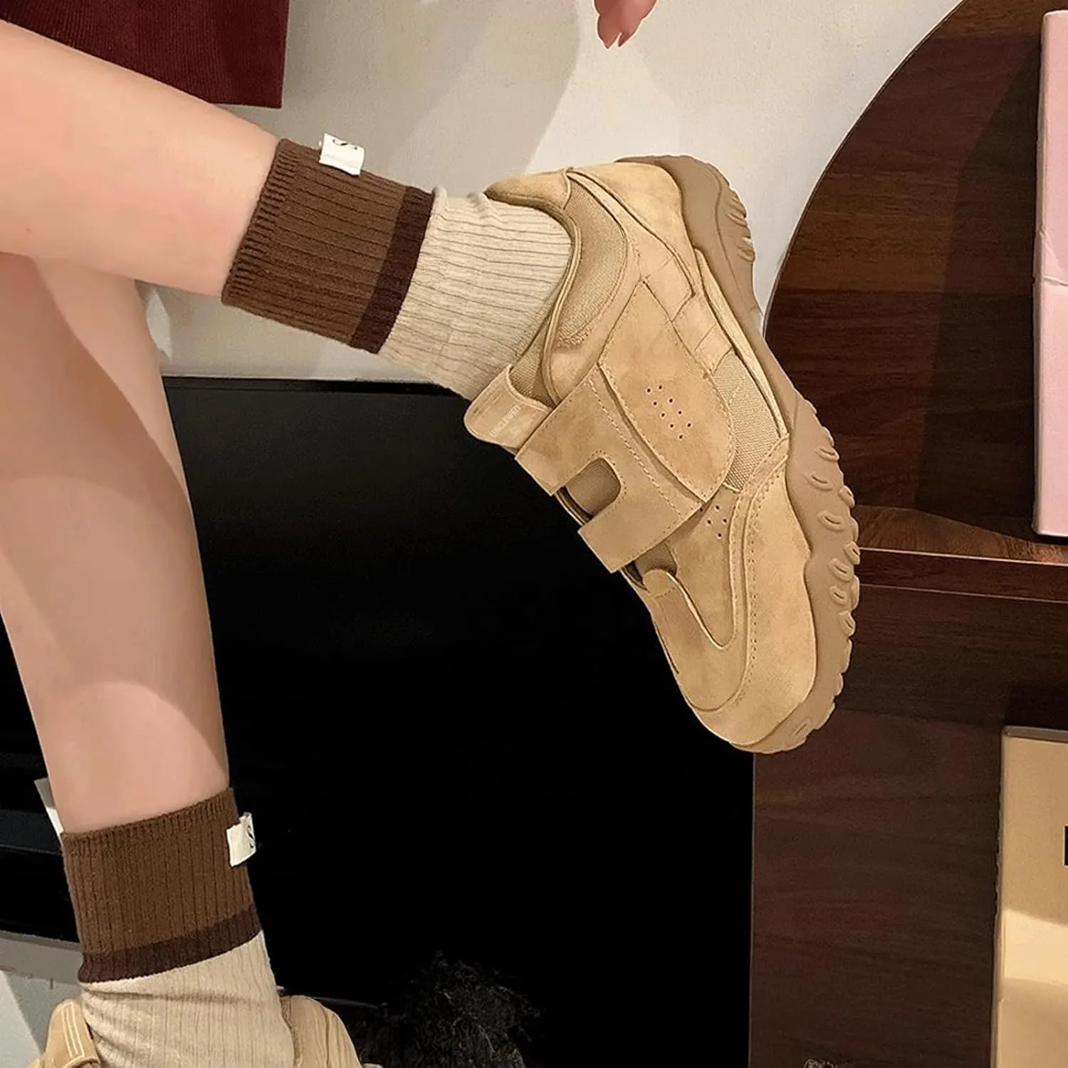 Ballet Sneakers for Woman Leather Trendy Hook and Loop Chunky Ballerina Sneaker Fancy Breathable Ballet Shoes 2025 Spring Summer Daily Casual Walking Footwear