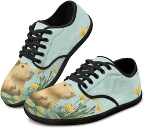 Capybara Pattern Barefoot Shoes Women Wide Toe Box Comfy Casual Lace Up Sneakers Trendy Dress Up Shoes