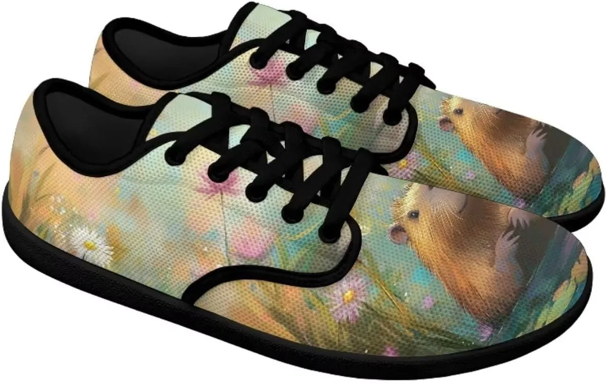 Capybara Pattern Barefoot Shoes Women Wide Toe Box Comfy Casual Lace Up Sneakers Trendy Dress Up Shoes