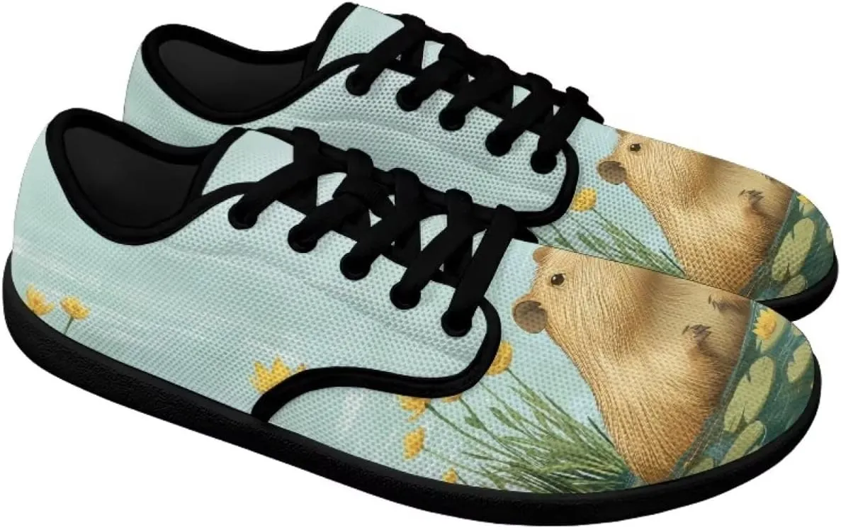 Capybara Pattern Barefoot Shoes Women Wide Toe Box Comfy Casual Lace Up Sneakers Trendy Dress Up Shoes