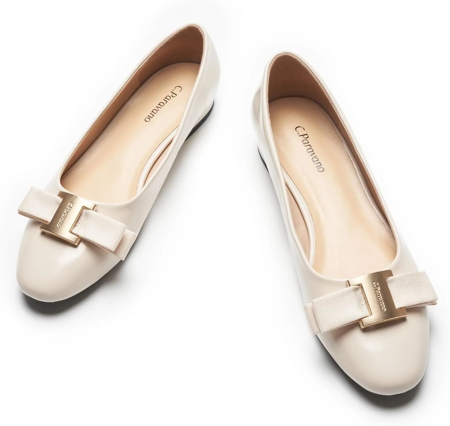 C.Paravano Women's Ballet Flats | Round Toe Bow Accent Shoes with Metallic Buckle | Soft Leather Slip-Ons for Work Commute, Office & Date NightsEvening Events, Business Travel & Dating