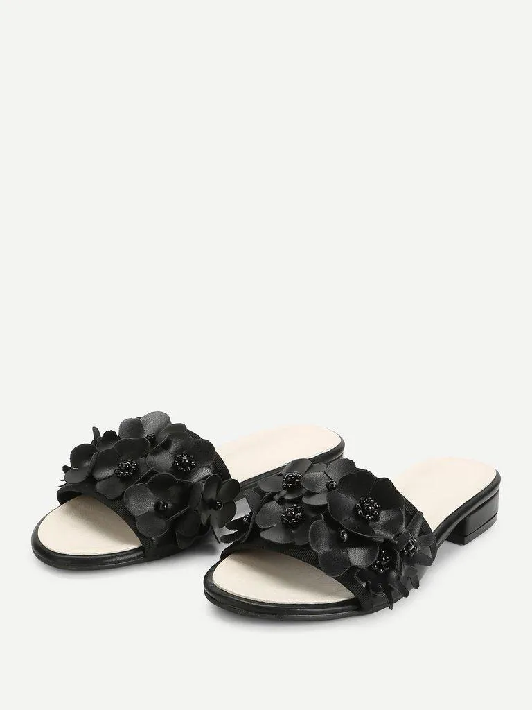 Flower Decorated PU Flat Sliders