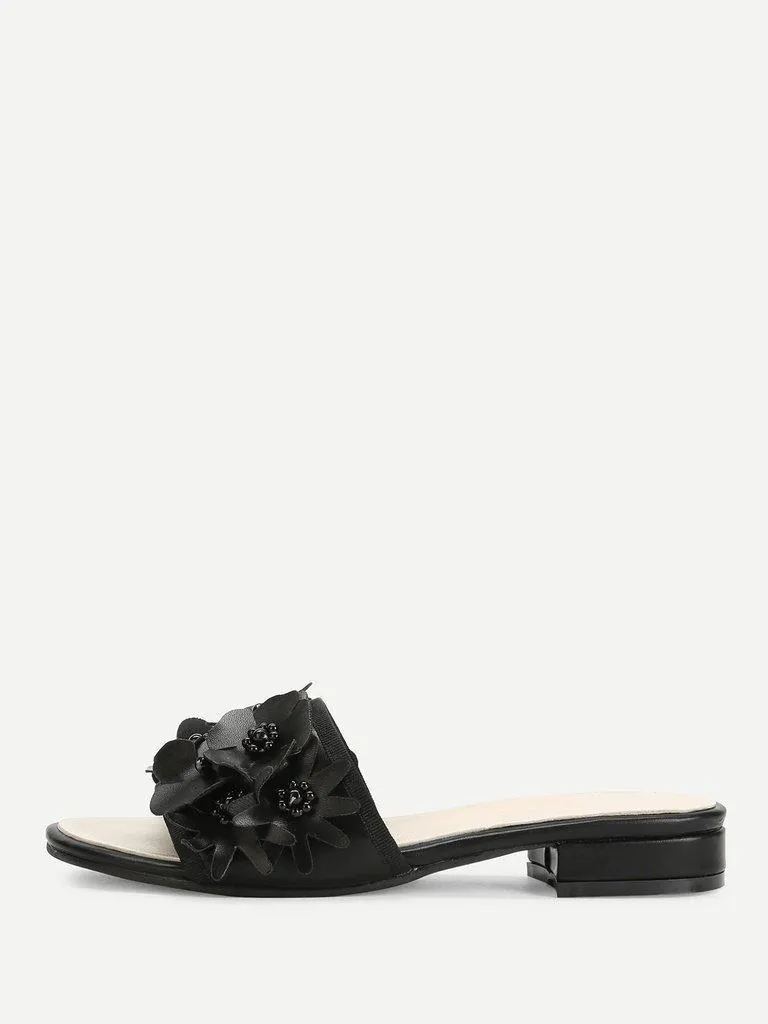 Flower Decorated PU Flat Sliders