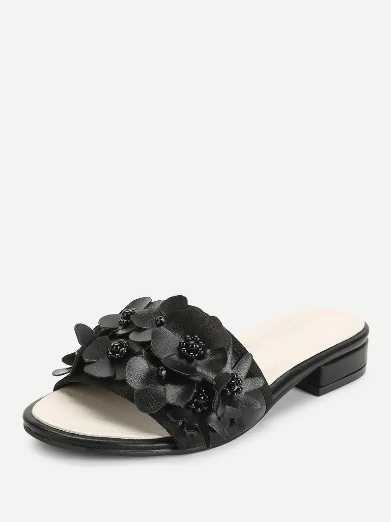 Flower Decorated PU Flat Sliders