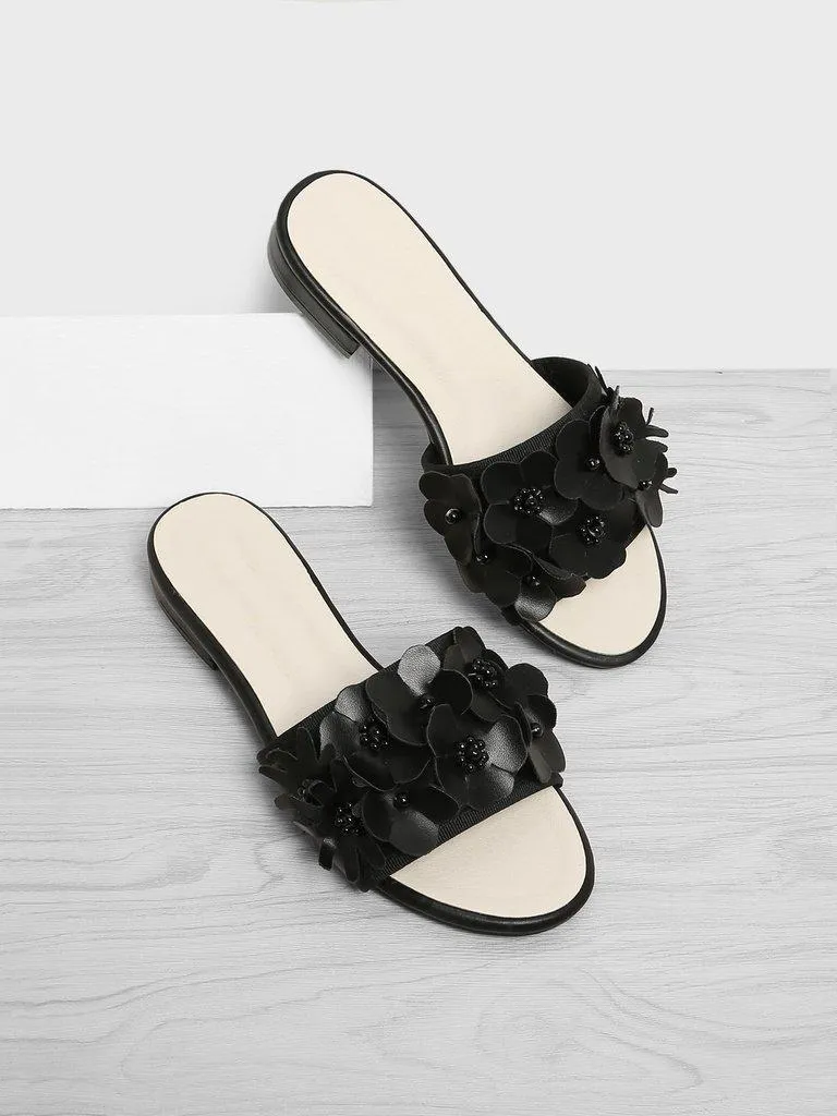 Flower Decorated PU Flat Sliders