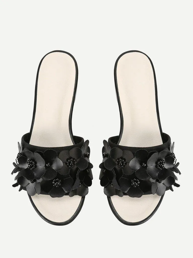 Flower Decorated PU Flat Sliders