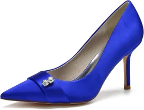 FufoneUS Women's Bridal Shoes Closed Toe 3.35" Stiletto Heel Lace Satin Pumps Evening Wedding Heels,Royal Blue,12