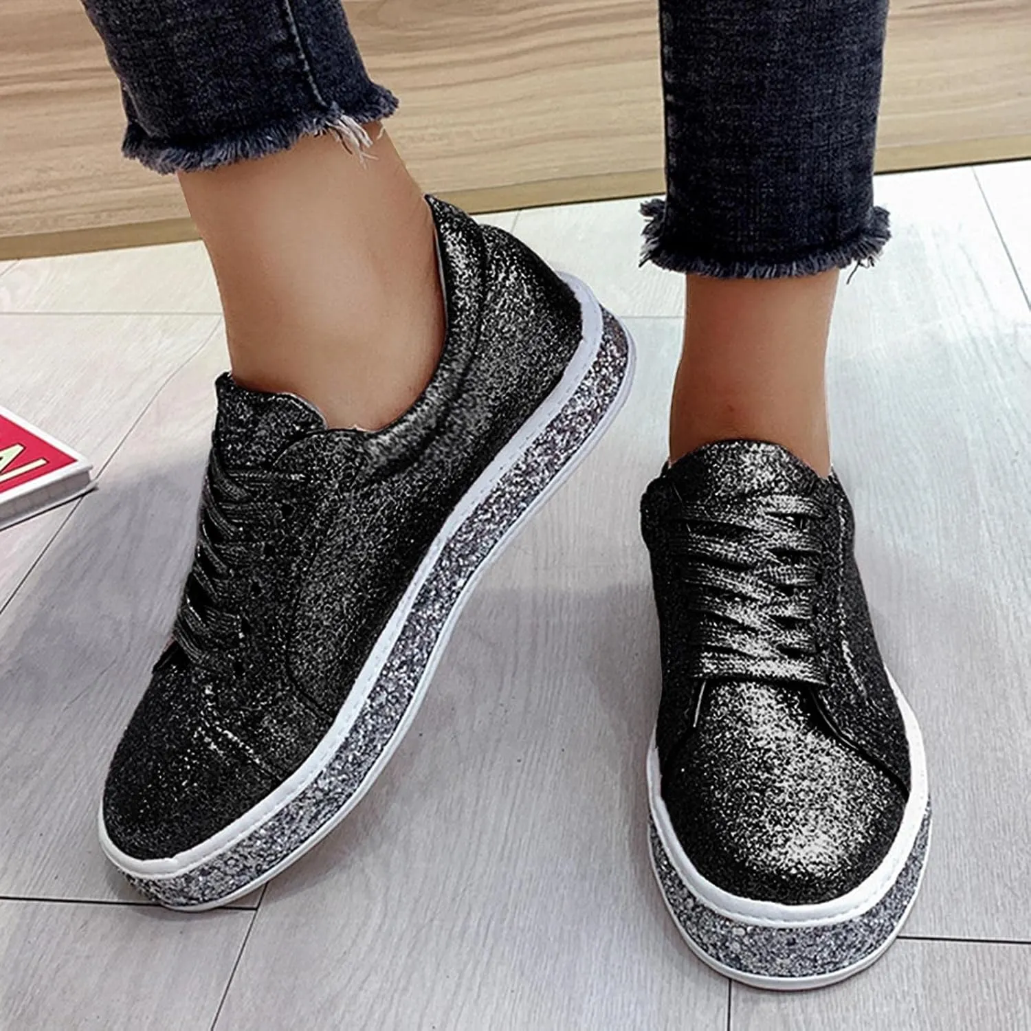 Hbeylia Platform Fashion Sneakers Glitter Sequin Lace Up Chunky Bottom Slip On Flats Walking Shoes Trendy Leather Fall Low Top Canvas Shoes For Women Ladies Bride Wedding Dress Party Decor