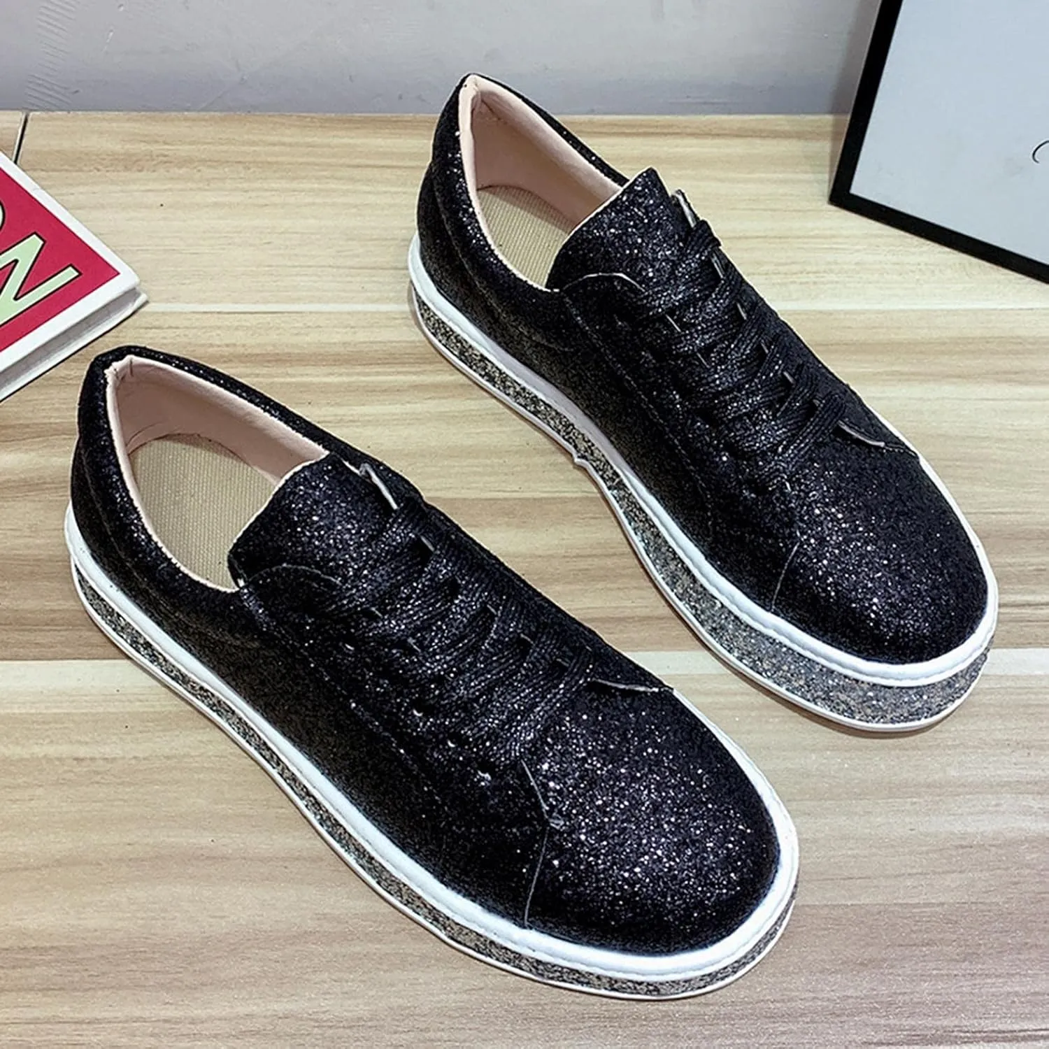 Hbeylia Platform Fashion Sneakers Glitter Sequin Lace Up Chunky Bottom Slip On Flats Walking Shoes Trendy Leather Fall Low Top Canvas Shoes For Women Ladies Bride Wedding Dress Party Decor