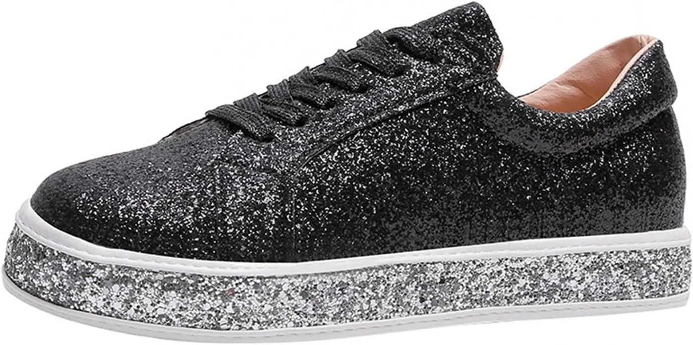 Hbeylia Platform Fashion Sneakers Glitter Sequin Lace Up Chunky Bottom Slip On Flats Walking Shoes Trendy Leather Fall Low Top Canvas Shoes For Women Ladies Bride Wedding Dress Party Decor