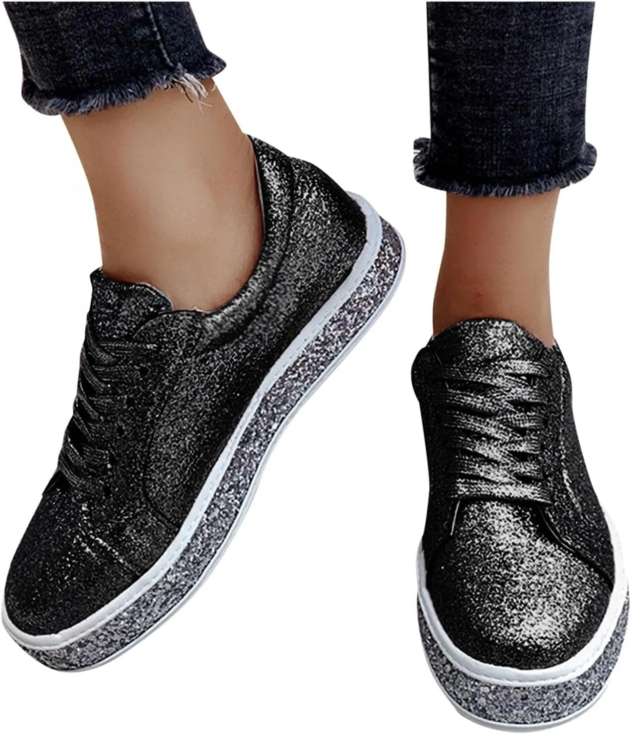 Hbeylia Platform Fashion Sneakers Glitter Sequin Lace Up Chunky Bottom Slip On Flats Walking Shoes Trendy Leather Fall Low Top Canvas Shoes For Women Ladies Bride Wedding Dress Party Decor