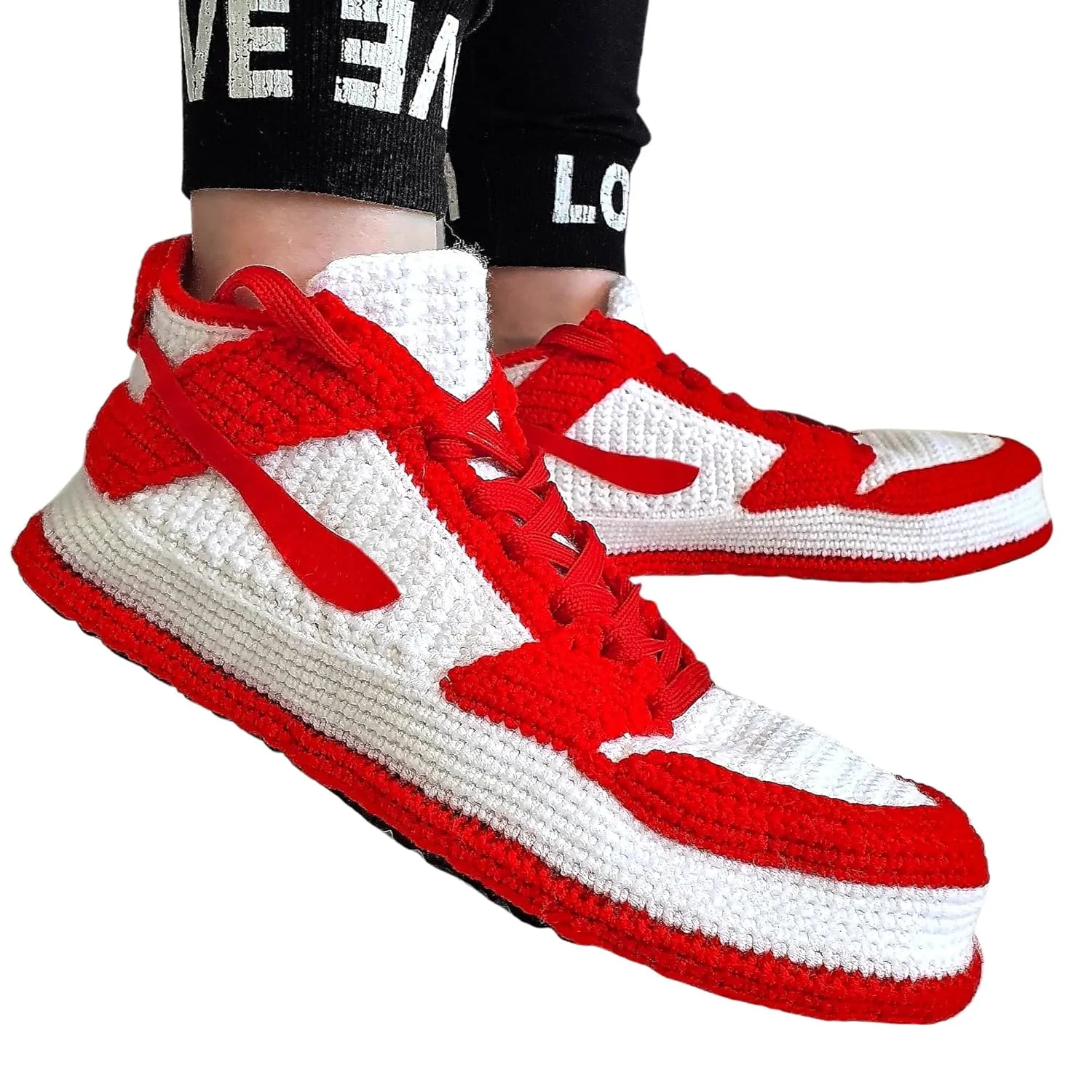 Jordan-inspired low-top Sneaker Slippers Kicks Shoes, Comfy Fuzzy Fluffy Plush Soft Shoes, Handmade Crochet Breathable Winter Warm Socks Booties, Trendy Non Slip Sole Indoor House Sneaker Slipper