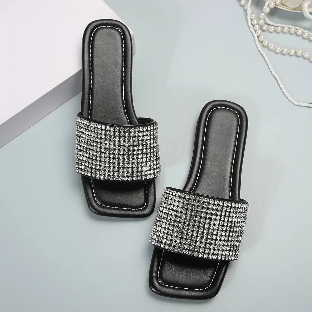 Joskaa Summer Open Toe Women Shallow Rubber Sole Slip-on Casual Sandals New Fashion Rhinestone Decorated Women's Outdoor Flat Slippers
