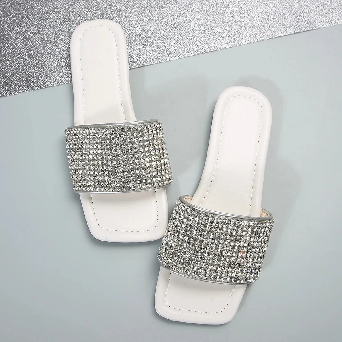 Joskaa Summer Open Toe Women Shallow Rubber Sole Slip-on Casual Sandals New Fashion Rhinestone Decorated Women's Outdoor Flat Slippers