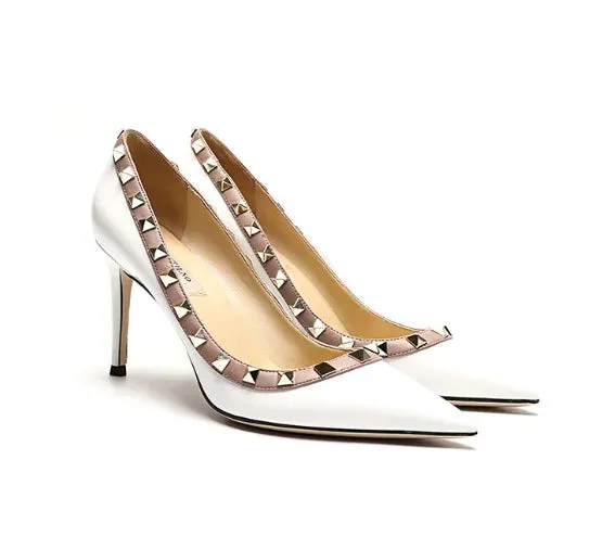 Lady Lock Studs Sexy Real Leather Pointed Toe Shiny Pumps – Trendy Fashion Shoes
