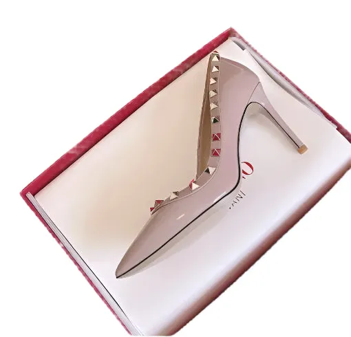 Lady Lock Studs Sexy Real Leather Pointed Toe Shiny Pumps – Trendy Fashion Shoes