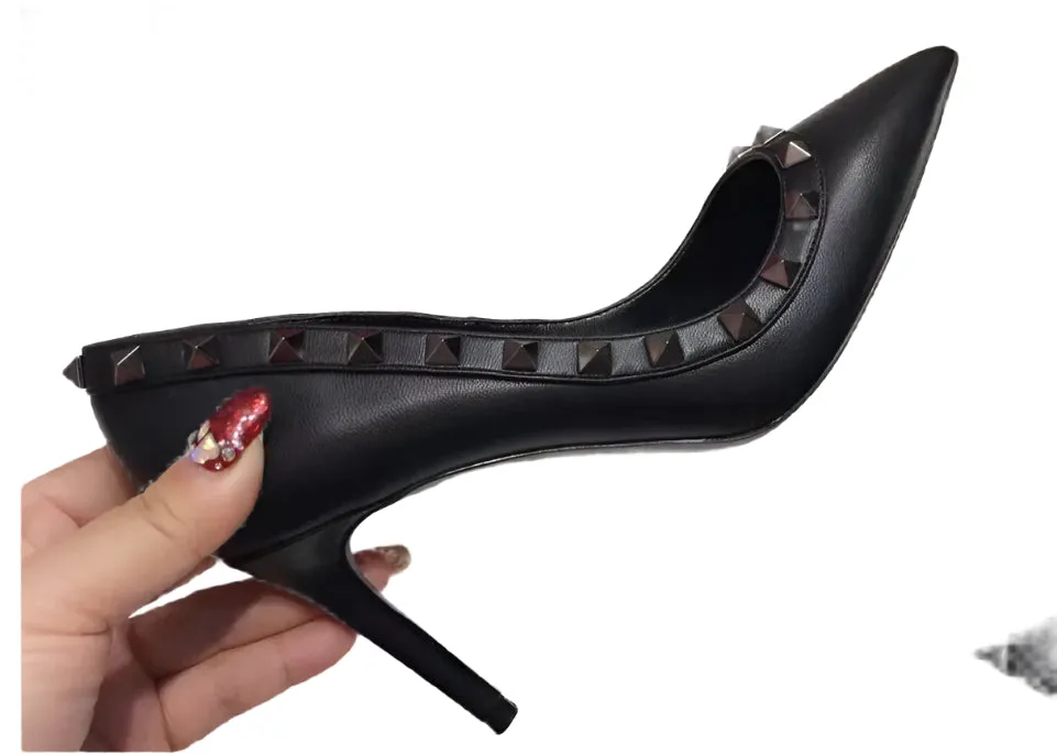 Lady Lock Studs Sexy Real Leather Pointed Toe Shiny Pumps – Trendy Fashion Shoes