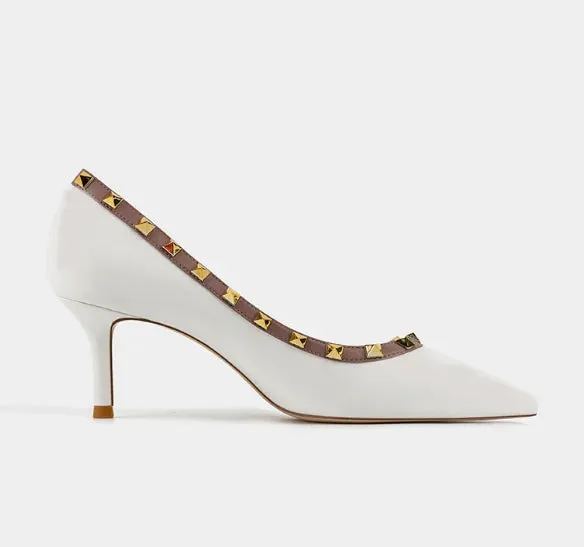 Lady Lock Studs Sexy Real Leather Pointed Toe Shiny Pumps – Trendy Fashion Shoes