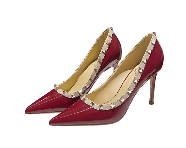 Lady Lock Studs Sexy Real Leather Pointed Toe Shiny Pumps – Trendy Fashion Shoes