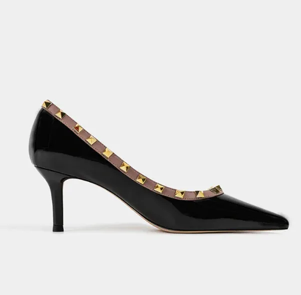 Lady Lock Studs Sexy Real Leather Pointed Toe Shiny Pumps – Trendy Fashion Shoes
