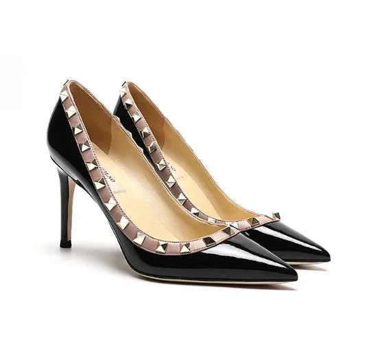 Lady Lock Studs Sexy Real Leather Pointed Toe Shiny Pumps – Trendy Fashion Shoes