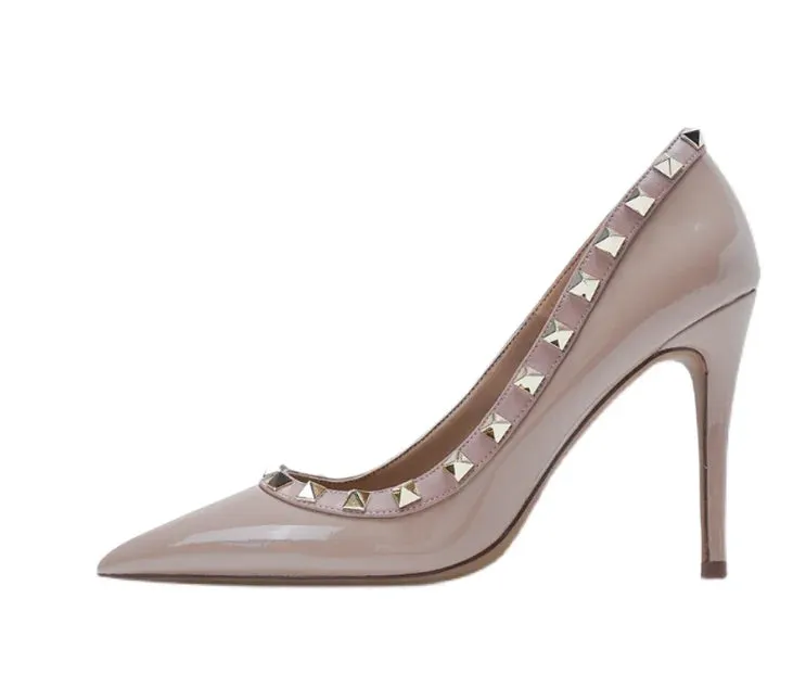 Lady Lock Studs Sexy Real Leather Pointed Toe Shiny Pumps – Trendy Fashion Shoes