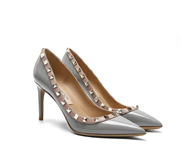 Lady Lock Studs Sexy Real Leather Pointed Toe Shiny Pumps – Trendy Fashion Shoes