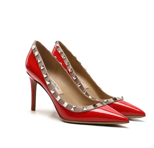 Lady Lock Studs Sexy Real Leather Pointed Toe Shiny Pumps – Trendy Fashion Shoes