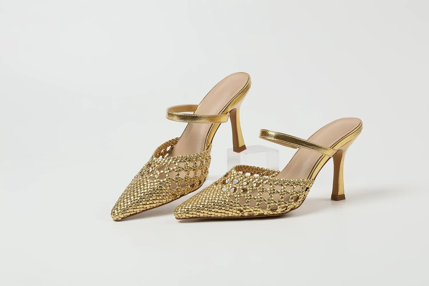 Lyrisiphy Gold Heels for Women Pumps Heels Closed Toe Pointed Toe Heels Stiletto Slingback Mesh Heels Slip On Leather Slide Sandals Summer Heeled Sandals Comfortable Gold Pumps for Women Dressy