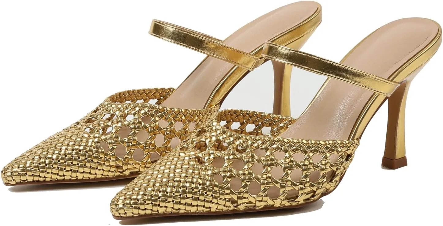 Lyrisiphy Gold Heels for Women Pumps Heels Closed Toe Pointed Toe Heels Stiletto Slingback Mesh Heels Slip On Leather Slide Sandals Summer Heeled Sandals Comfortable Gold Pumps for Women Dressy