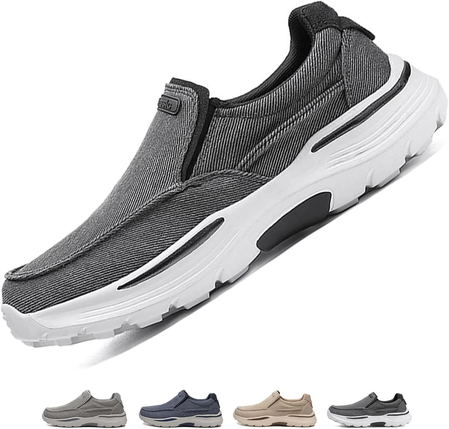 Men's Canvas Slip On Orthopedic Flats Loafers with Elastic Band Causal Fashion Breathable Non Slip Outdoor Walking Shoes Lightweight Comfortable Sneakers Driving Boat Shoes