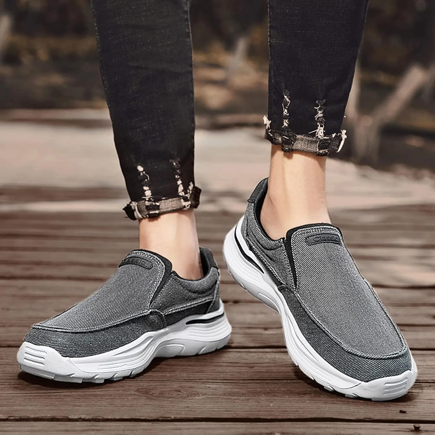 Men's Canvas Slip On Orthopedic Flats Loafers with Elastic Band Causal Fashion Breathable Non Slip Outdoor Walking Shoes Lightweight Comfortable Sneakers Driving Boat Shoes