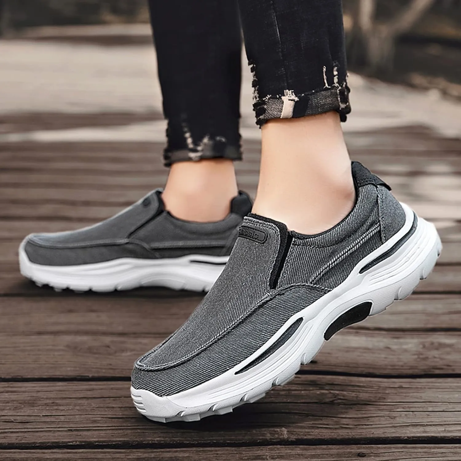 Men's Canvas Slip On Orthopedic Flats Loafers with Elastic Band Causal Fashion Breathable Non Slip Outdoor Walking Shoes Lightweight Comfortable Sneakers Driving Boat Shoes