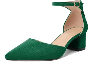 Mettesally Women's Low Block Heels Chunky Heel Closed Pointed Toe D'Orsay Pumps Ankle Strap Heeled Party Dress Shoes
