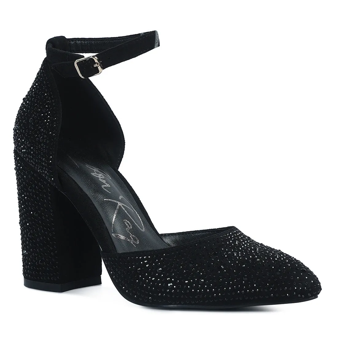 Microfiber Diamante Block Heeled Sandal