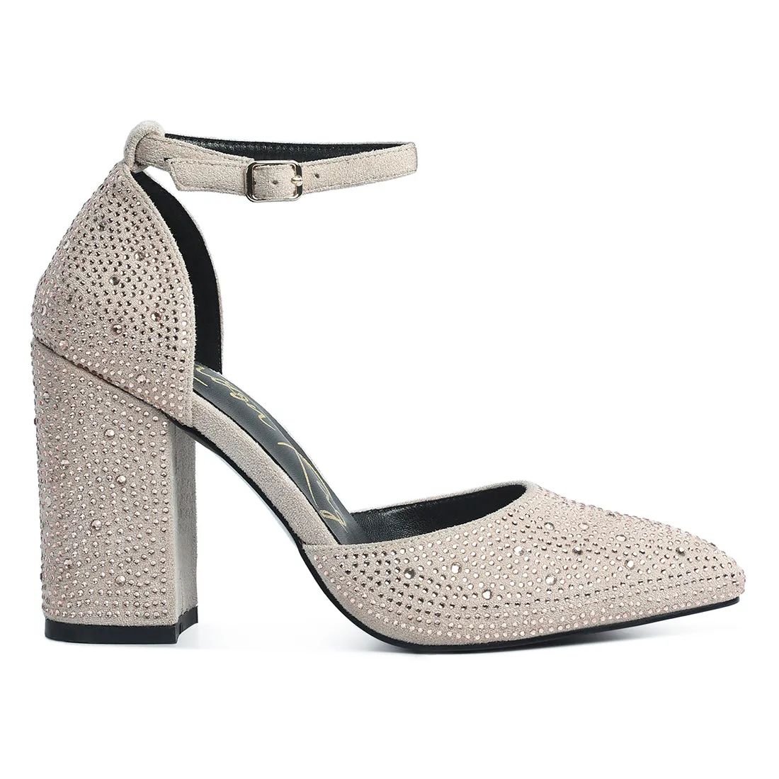 Microfiber Diamante Block Heeled Sandal