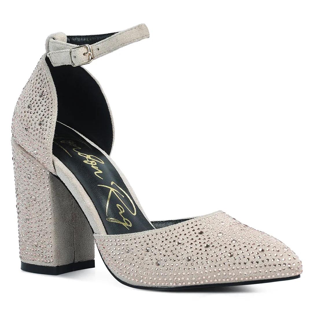 Microfiber Diamante Block Heeled Sandal