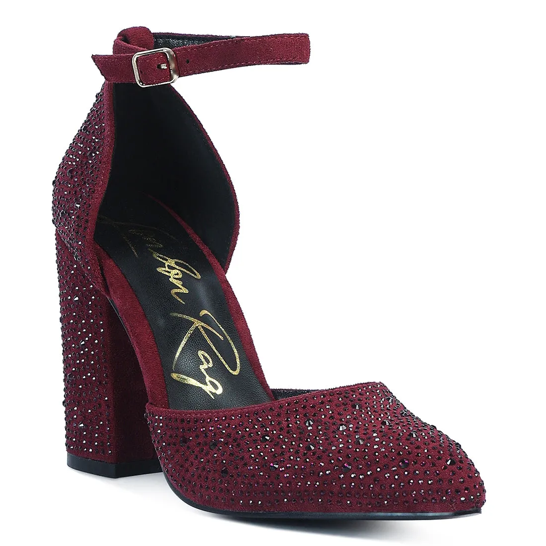 Microfiber Diamante Block Heeled Sandal
