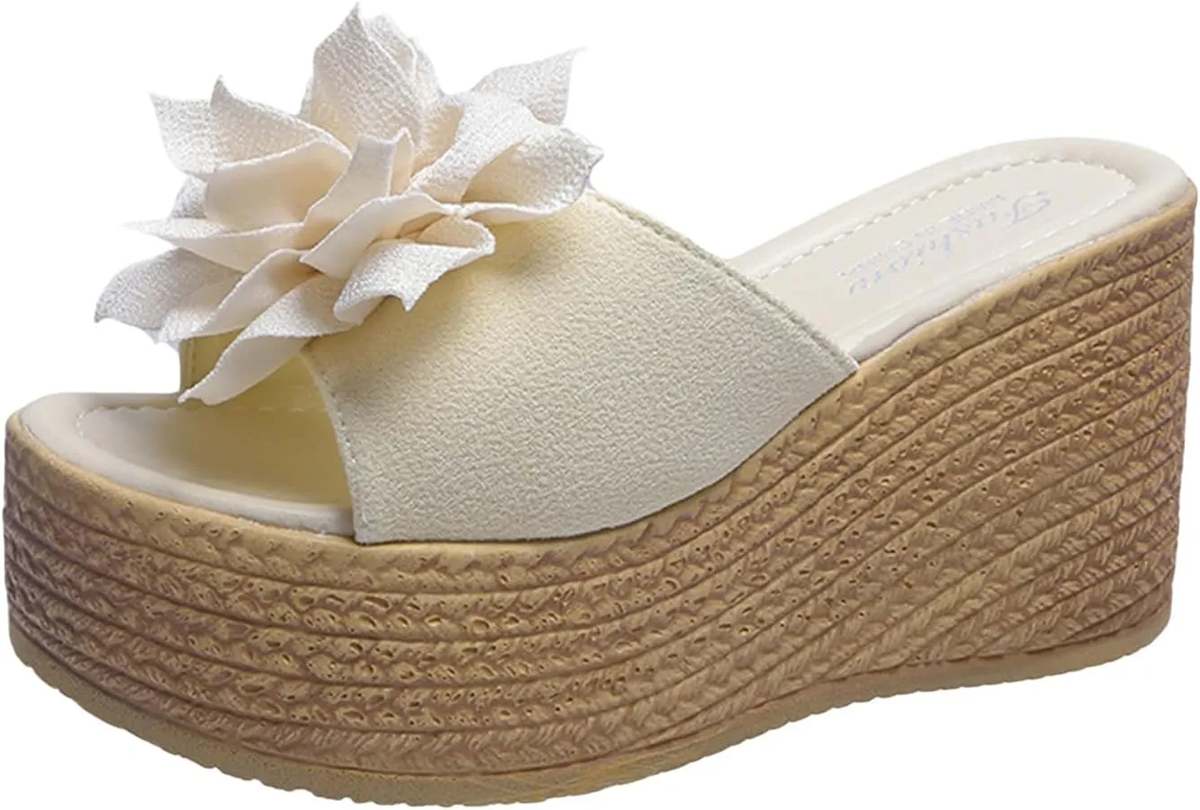 Summer Sandals for Women Comfortable High Heeled Bow-Knot Platform Wedge Open Toe Slide Sandals No-Slip Footbed, Hollow Out Slip on Flats Ladies Fashion Espadrille Slippers Summer Thong 2025