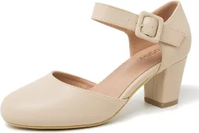 Women's Ankle Strap Pumps Closed Round Toe Buckle Low Chunky Block Heel D'Orsay Sandals Comfortable Dress Wedding Party Office Shoes