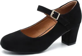 Women's Mary Jane Shoes Low Block Heel Ankle Strap Closed Round Toe Pumps Dress Wedding Office Work Church Shoes Black Suede 46-12US