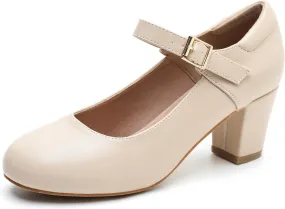 Women's Mary Jane Shoes Low Block Heel Ankle Strap Closed Round Toe Pumps Dress Wedding Office Work Church Shoes Nude Matte 44-11US